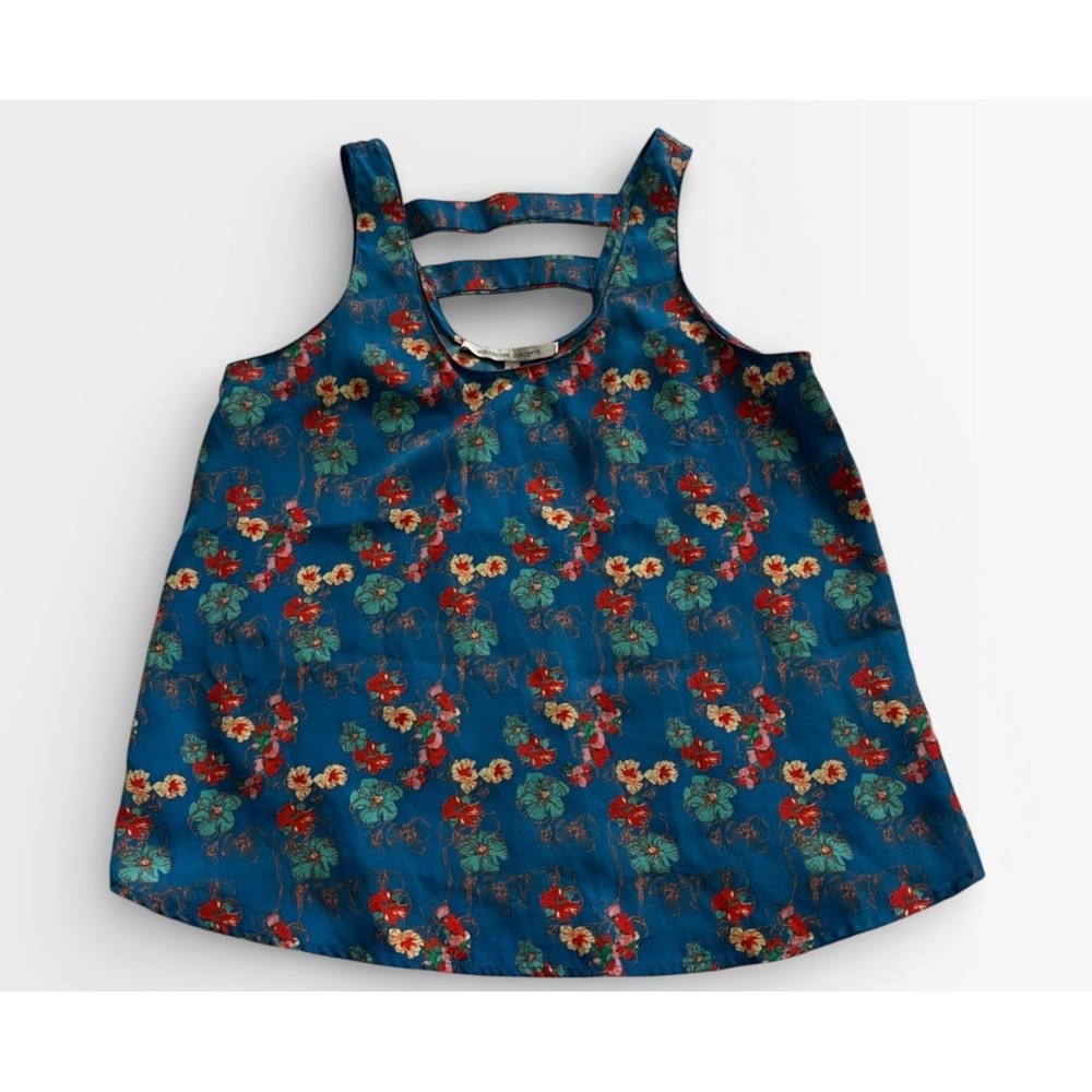 Collective Concepts Women Teal Blue Floral‎ Cage Back Tank Top Blouse Small